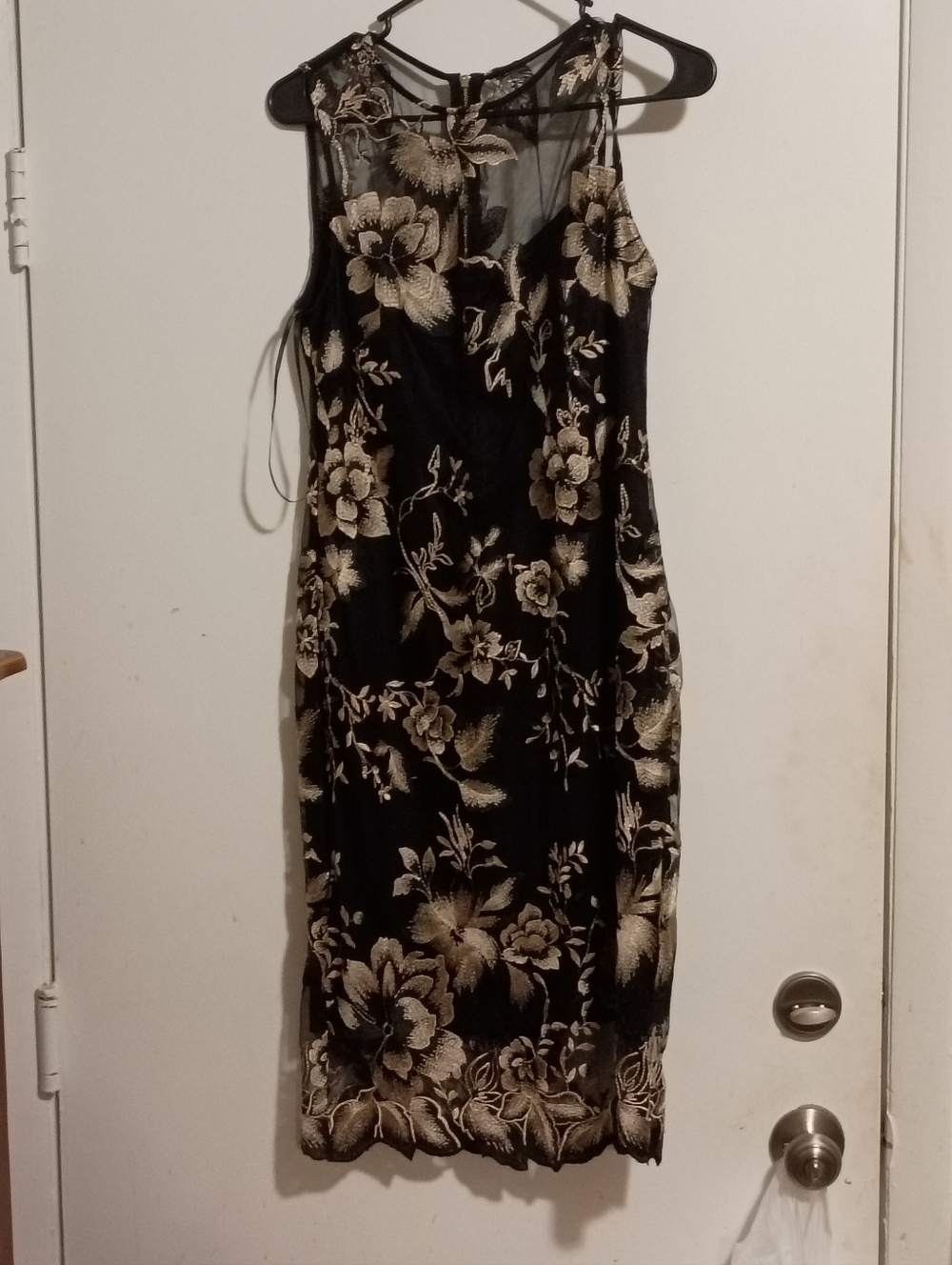 Black & Gold Floral Lace Sheath Dress